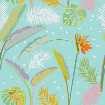 Tropical vector seamless pattern with  leaves of strelitzia, palm tree and fl イラスト素材