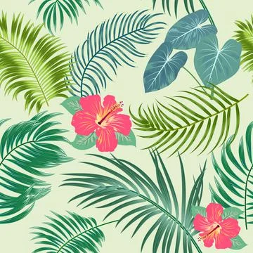 Tropical vector seamless pattern with  leaves of palm tree and flowers Stock Illustration