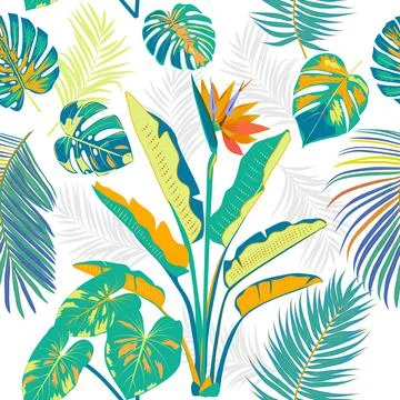 Tropical vector seamless pattern with  leaves of palm tree and flowers Stock Illustration