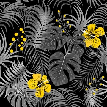 Tropical vector seamless pattern with  leaves of palm tree and flowers Stock Illustration