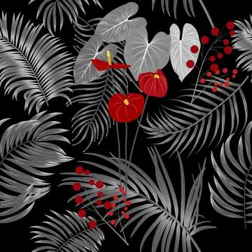 Tropical vector seamless pattern with  leaves of palm tree and flowers イラスト素材