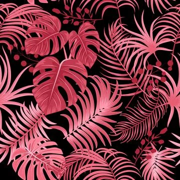 Tropical vector seamless pattern with  leaves of palm tree and flowers 스톡 일러스트