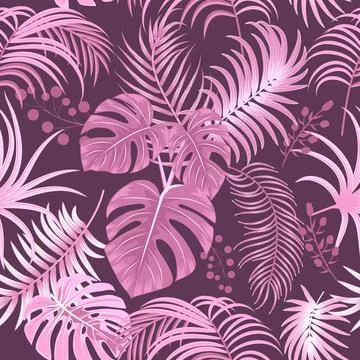 Tropical vector seamless pattern with  leaves of palm tree and flowers 스톡 일러스트