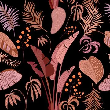 Tropical vector seamless pattern with  leaves of palm tree and flowers 스톡 일러스트