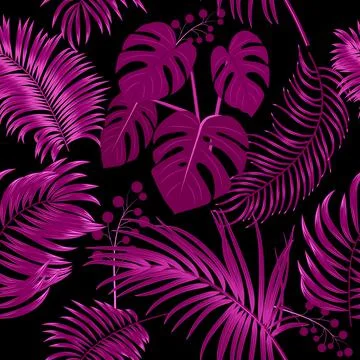 Tropical vector seamless pattern with  leaves of palm tree and flowers Illustrazione stock