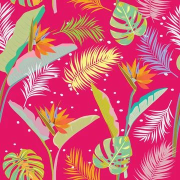 Tropical vector seamless pattern with  leaves of strelitzia, palm tree and fl イラスト素材