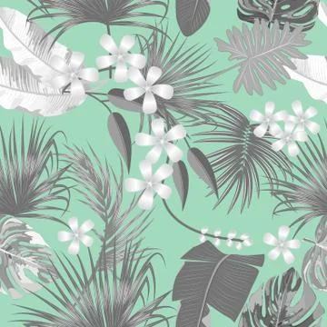 Tropical vector seamless pattern, monochrome branches on green background. Stockillustratie
