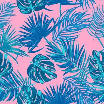 Tropical vector seamless pattern of monstera, jungle leaves of palm tree 스톡 일러스트