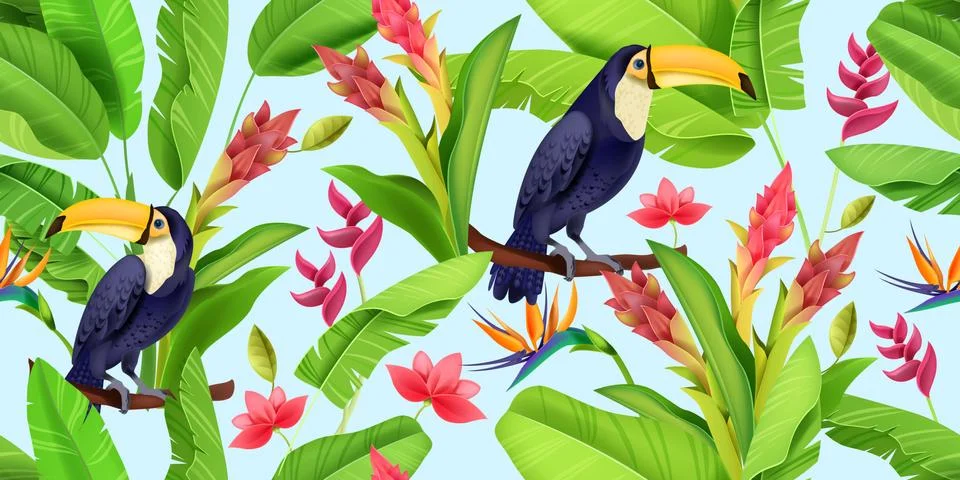 Tropical vector seamless pattern, toucan, floral jungle texture, paradise Stock Illustration