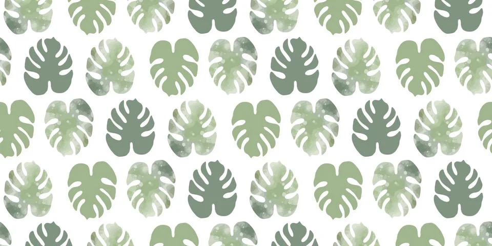 Tropical vector seamless pattern with watercolor green monstera leaves Stock Illustration