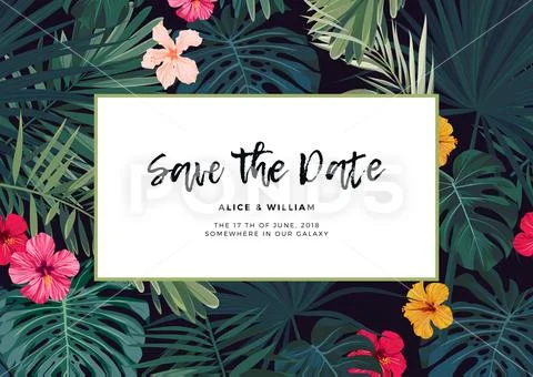 Tropical vector wedding invitation design with hibiscus flowers and exotic palm Stock Illustration