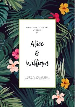 Tropical vector wedding invitation design with hibiscus flowers and exotic palm 库存插图