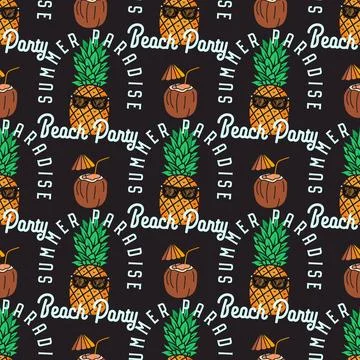 Tropical Vibes Seamless Summer Pattern with Pineapple and Coconut Coctail Stock Illustration