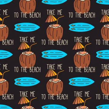 Tropical Vibes Seamless Summer Pattern with Surfboard and Coconut Coctail Illustrazione stock