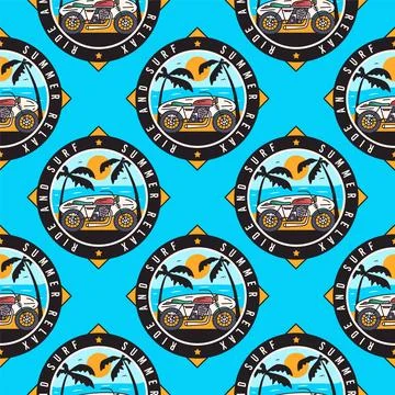 Tropical Vibes Seamless Summer Pattern with Surfing Motorcycle on the Beach Stock Illustration