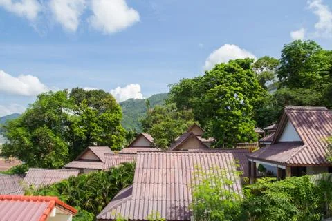 Tropical village rooftops Stock Photos