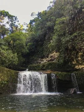 Tropical waterfall cascading down a cliff into a lush jungle basin Stock Photos