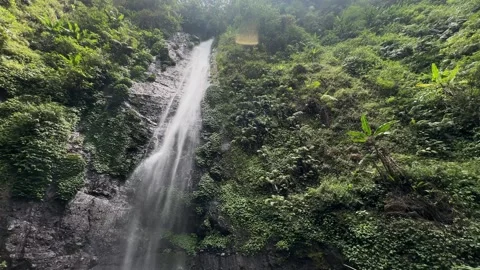 Tropical Waterfall Cascading Down Rocky Cliff, Dense Jungle, Wide Pan Shot Stock Footage 324851362