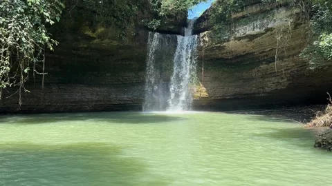 Tropical Waterfall Cascading into Emerald Pool, Lush Jungle Forest, Tilt Up Shot Video stock 325303880