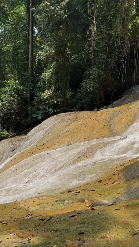 Tropical Waterfall Cascading Over Rocks with People, Forest Background, Vertical Stock Footage 324090124