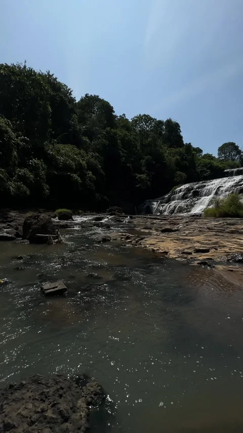 Tropical Waterfall Cascading, River Flowing Through Forest, Vertical Pan Shot Stock-Footage 324771382