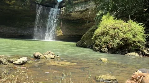 Tropical Waterfall Cascading into Turquoise Pool, Sunny Day Video stock 325646386