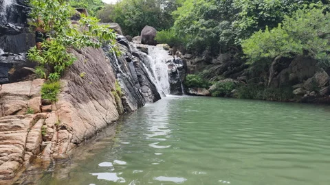 Tropical waterfall feeds pristine freshwater pool. Vibrant ecosystem thrives Stock Footage 322173091