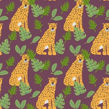 Tropical wildlife pattern with leopards and leaves for decorative design Stock Illustration