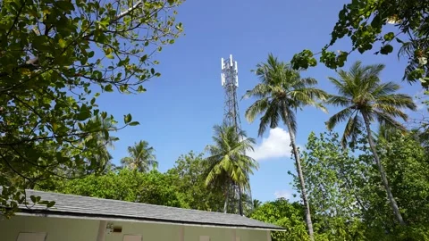 Tropical worker servicing cellular antenna in front of sunlight, drone view of Stock Footage 171167335