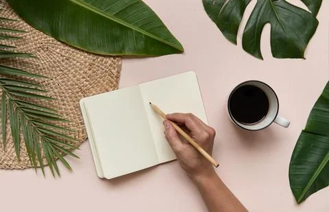 Tropical workspace concept. Notepad and tropical palm leaves. Mockup Stock Photos