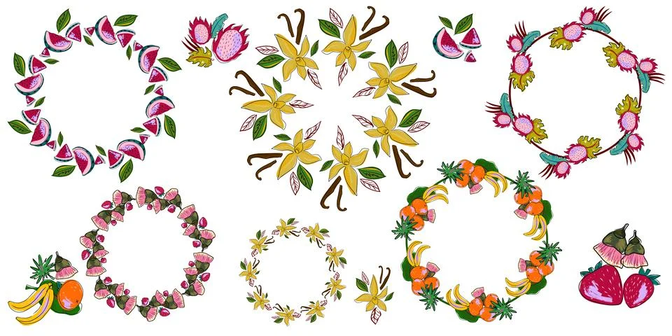 Tropical wreath, frame. Vector decor, doodle style. Set of exotic frames Stock Illustration