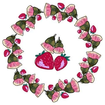 Tropical  wreath, frame. Vector decor, doodle style. Strawberries and eucalyp Stock Illustration