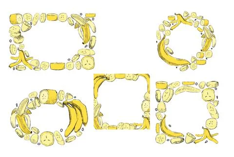 Tropical yellow bananas frames design set. vector graphic cartoon collection Stock Illustration