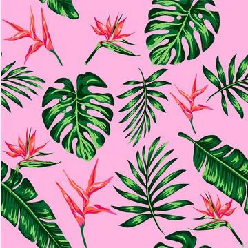 Tropics Pattern spring summer background with tropical flowers palm Stock Illustration