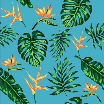 Tropics Pattern spring summer background with tropical flowers palm Illustrazione stock