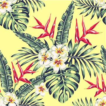 Tropics Pattern spring summer background with tropical flowers palm Stock Illustration