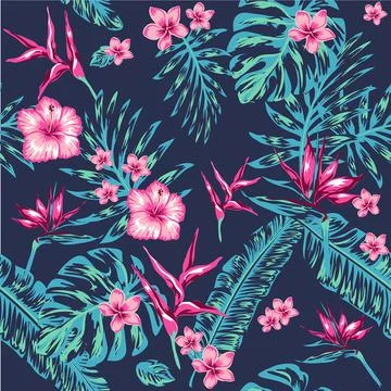 Tropics Pattern spring summer background with tropical flowers palm Stock Illustration