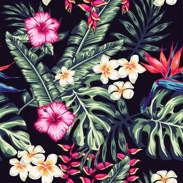 Tropics Pattern spring summer background with tropical flowers palm Stock Illustration