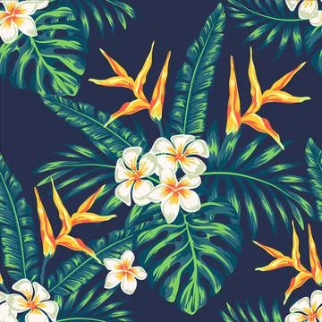 Tropics Pattern spring summer background with tropical flowers palm Stock Illustration