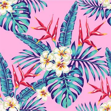 Tropics Pattern spring summer background with tropical flowers palm Stock Illustration