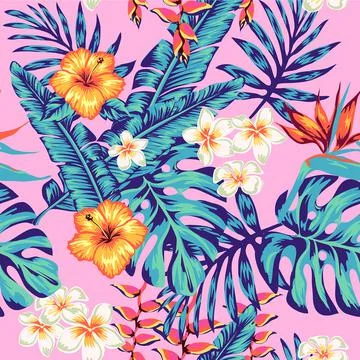 Tropics Pattern spring summer background with tropical flowers palm Stock Illustration