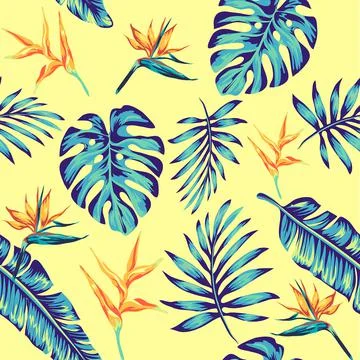 Tropics Pattern spring summer background with tropical flowers palm Stock Illustration