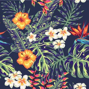 Tropics Pattern spring summer background with tropical flowers palm Stock Illustration