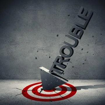 Trouble word letters crashed in the red target on the floor Stock Illustration
