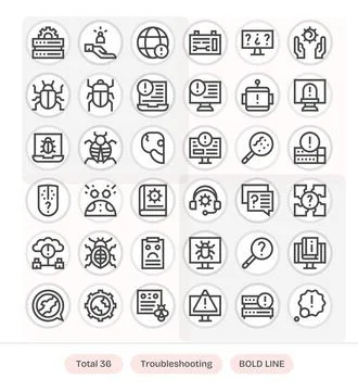 Troubleshooting featuring 36 Retina Ready Vector Icons in Bold Line Design Stock Illustration