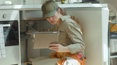 Troubleshooting Plumbing with a Tablet Stock Footage 311882043