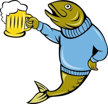 Trout fish holding a beer mug Stock Illustration