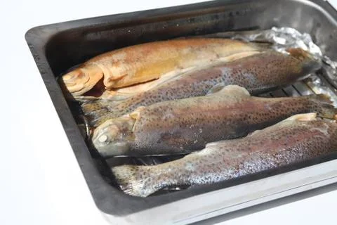 Trouts in pan Stock Photos