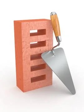 Trowel and brick on white background. 3d Stock Illustration