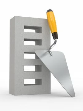 Trowel and brick on white background. 3d Stock Illustration